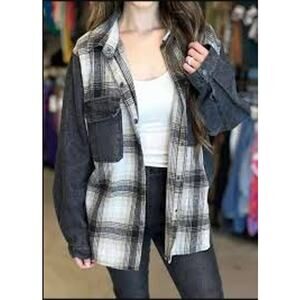 She + Sky Denim Flannel Shirt Jacket Shacket Plaid Snap Front 2XL